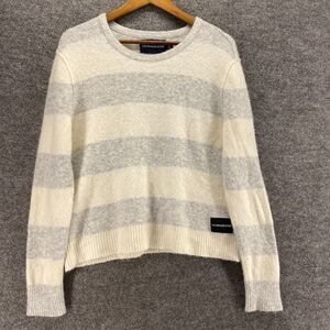 Calvin Klein Sweater Pullover Women L Large White Striped Knit Alpaca Casual